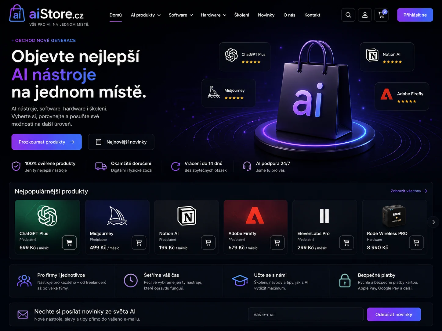 Vizuální návrh možného projektu aiStore.cz zaměřeného na obchod a marketplace s AI nástroji